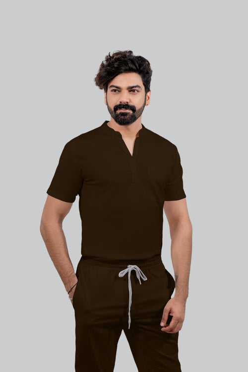 Stretchable (4Way) Male Brown Mandarin Neck with Jogger Scrub Set