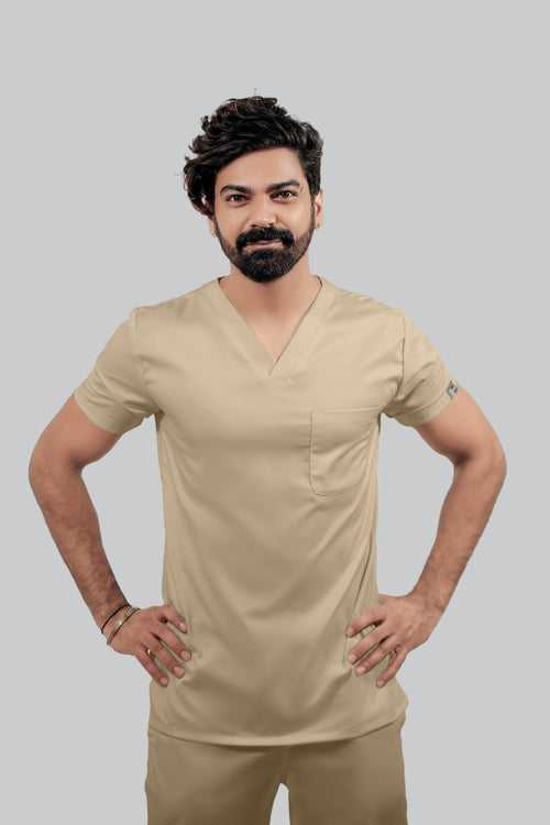 Stretchable (4Way) Male Beige V-Neck With Jogger Scrub Set