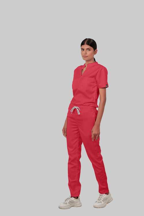 Stretchable (2Way) Female Coral Mandarin Neck With Straight Pant Scrub Set