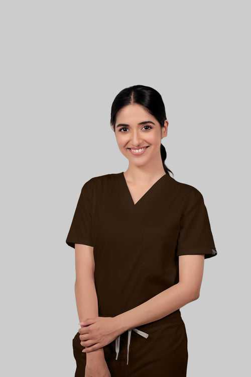 Stretchable (4Way) Female Brown V-Neck With Jogger Scrub Set