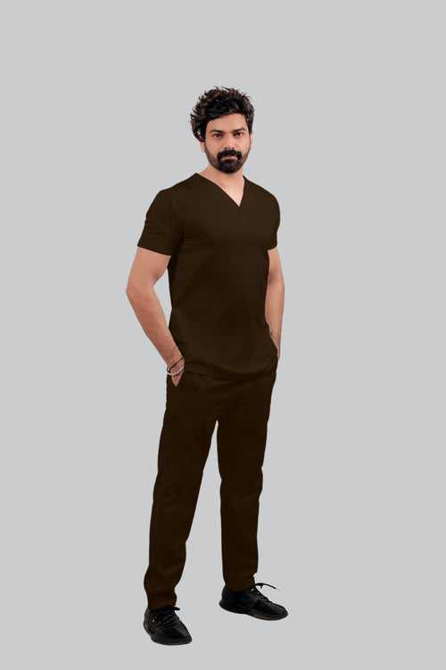 Stretchable (4Way) Male Brown V-Neck With Straight Pant Scrub Set