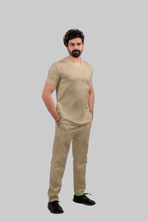 Stretchable (4Way) Male Beige V-Neck With Straight Pant Scrub Set