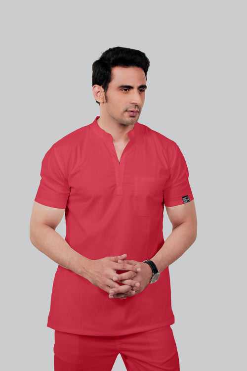 Stretchable (2Way) Male Coral Mandarin Neck With Straight Pant Scrub Set