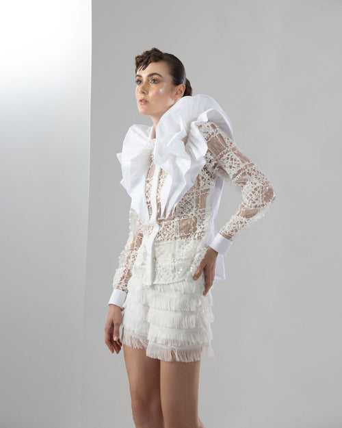 Dramatic Shoulder Sequined Shirt With Fringed Highwaist Shorts