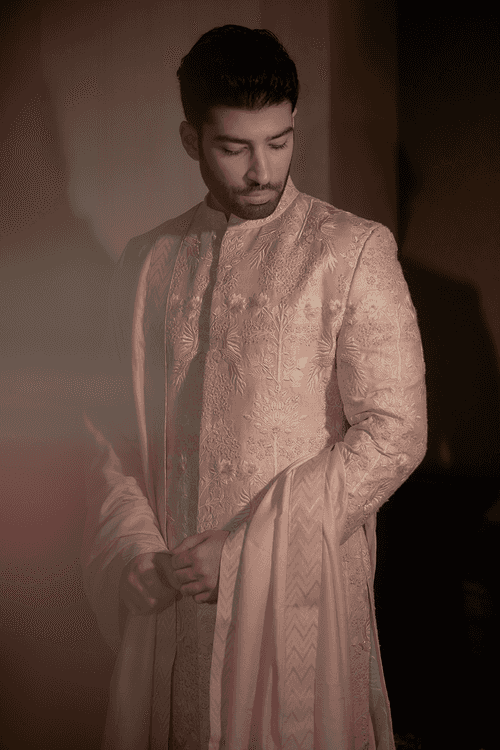 Pink Sherwani with Intricate Thread Embroidery