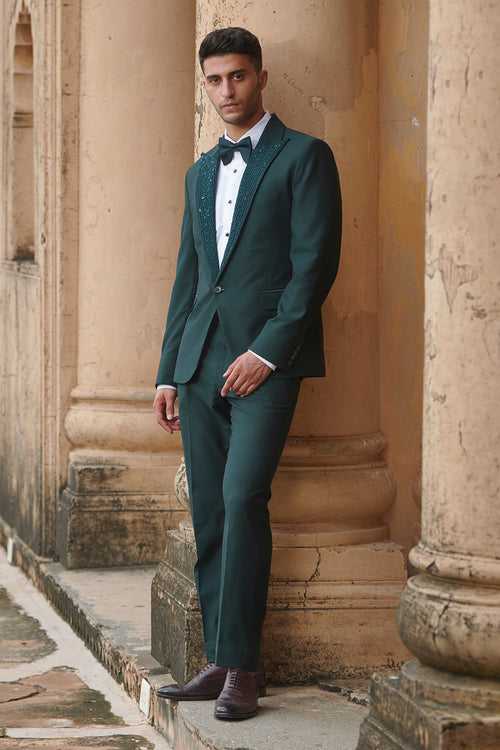 Bottle Green Tone On Tone Embroidery Tuxedo With Belt & Bow Tie