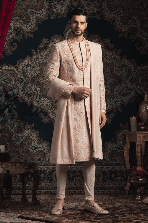 Light Peach bird detail Sherwani Set