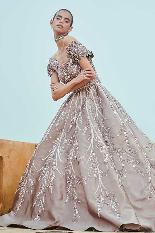 Mouse Grey Gown with Spike embroidered Sleeves