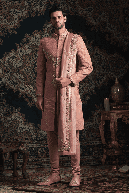 Dark rosegold Lucknowi Sherwani Set