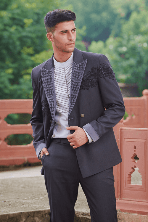 Stone grey double breasted tuxedo with black embroidery