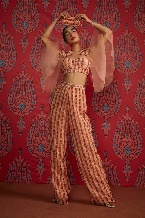 Peach Print Gerogette Crop Top, Pants And Cape