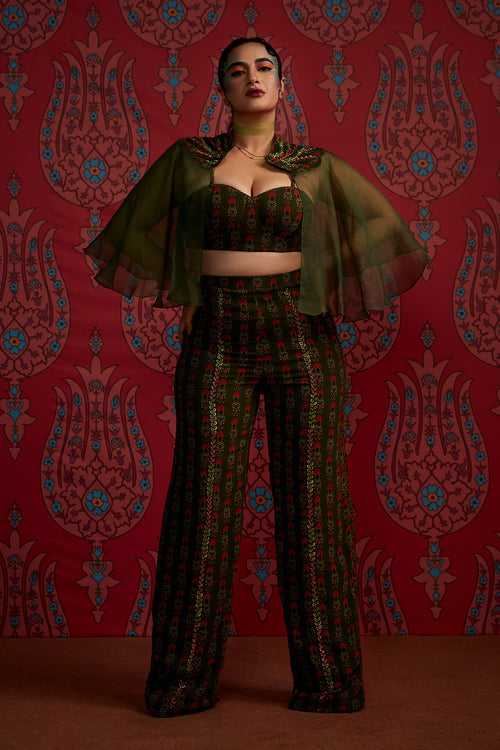 Dark Olive Print Georgette Bustier Pants and Cape