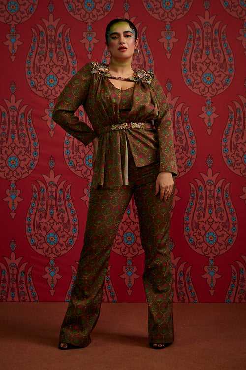Olive Print Corset, Jacket And trousers