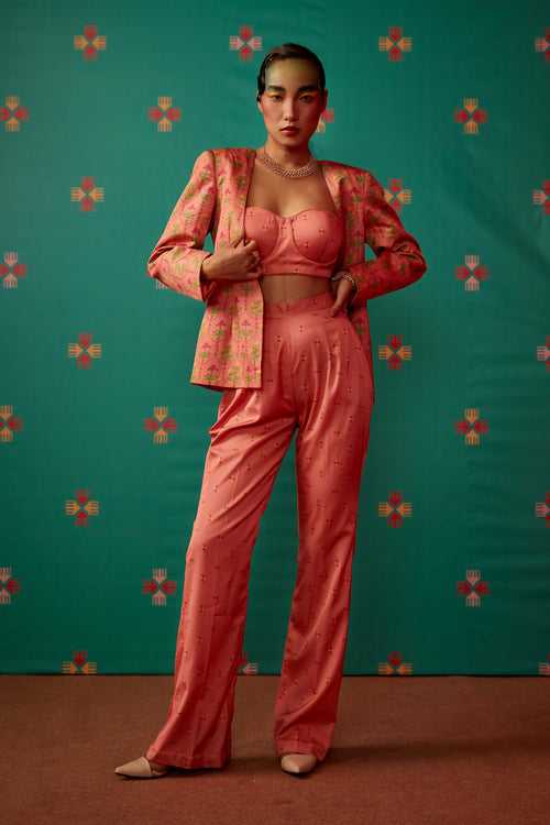 Peach Print Satin Gg Bustier, Jacket and Trousers