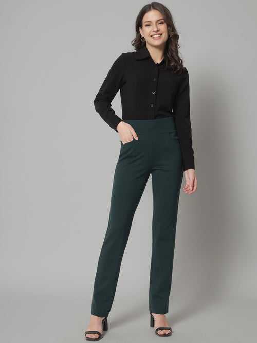 Wide Belt Stretch Pants- Bottle Green