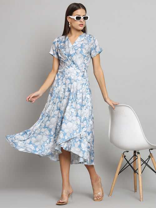 Printed wrap around dress- Blue and Grey