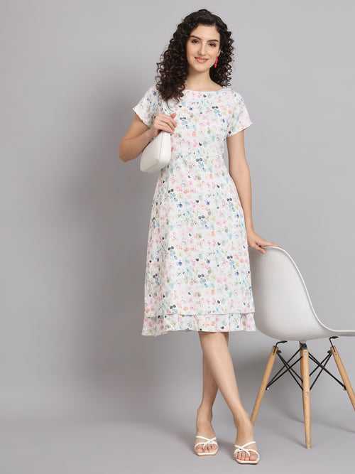 A Line Printed Floral Frill Dress - White