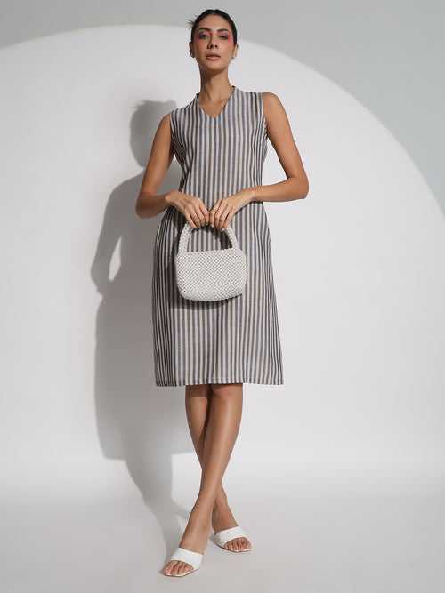 A-line Stripes Poly Linen Dress- Blue and Beige