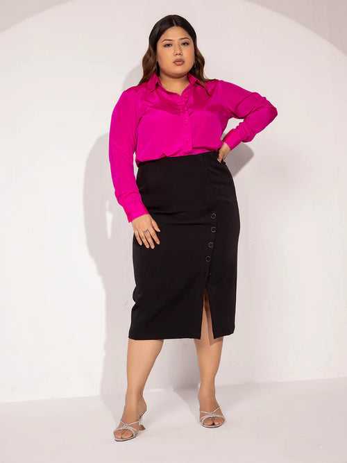 Hot Pink Collared Crepe Shirt With Black Longline Button Detailed Skirt