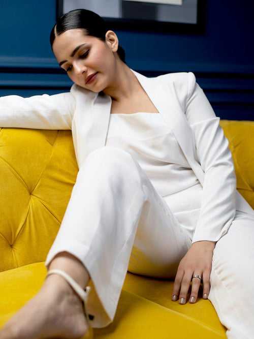 Poly Moss Pant Suit - White