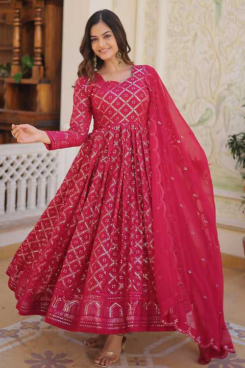 Rani Pink Faux Blooming With Sequins Embroidered Work Gown