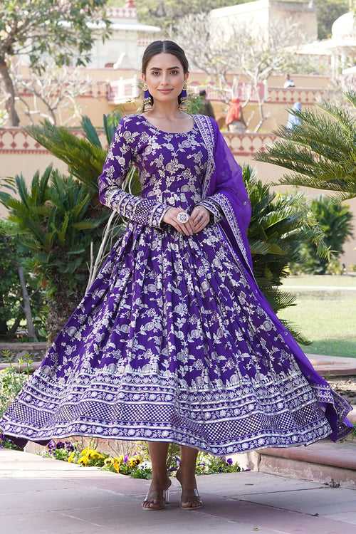 Purple Viscose Diable Jacquard Gown With Dupatta