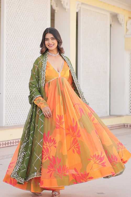 Yellow Digital Printed Russian Silk  Gown With Dupatta