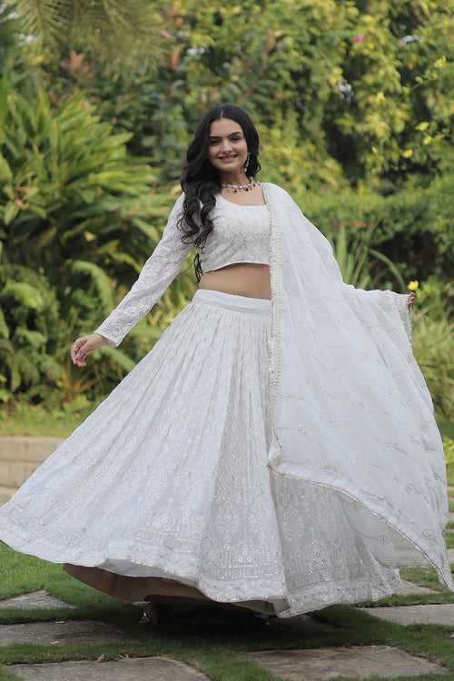 White Georgette With Sequins & Thread Embroidered Work Lehenga Choli