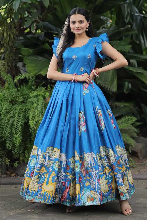 Sky Blue Dola Silk With Rich Designer Printed Gown