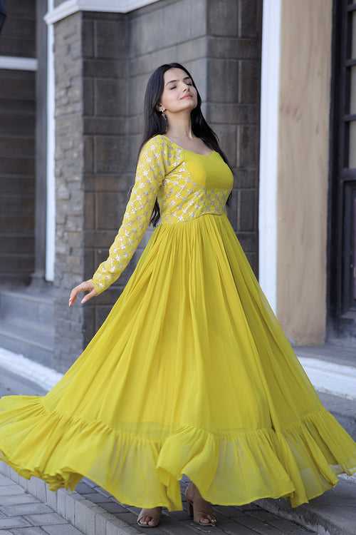 Beautiful Yellow Faux Blooming With Sequins Work Gown