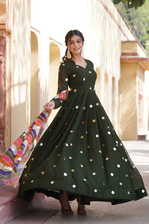 Green Faux Blooming  With Zari Thread & Sequins Embroidery Work Gown