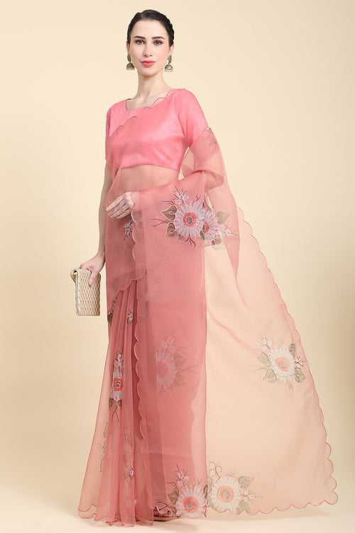 Peach Organza Arco Border With Badla Zari Work Saree