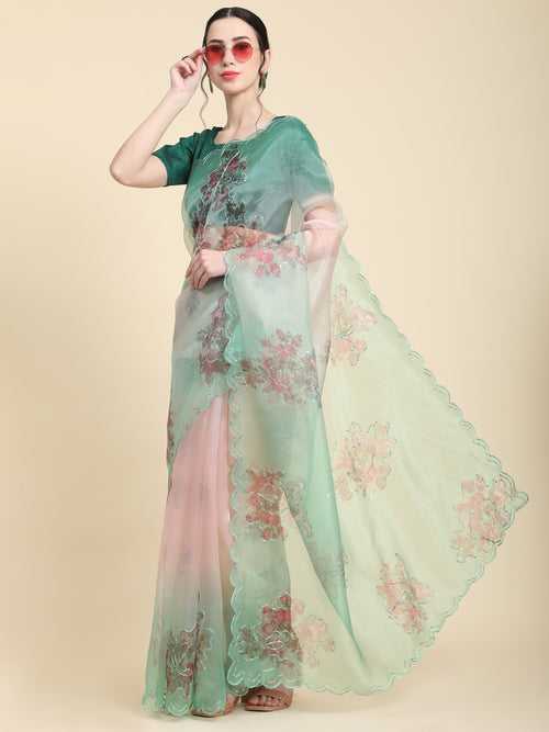 Light Green Colour Organza Digital Print With Sequence Arco Border Saree