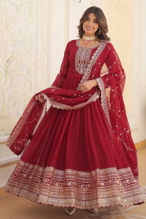 Maroon Faux Blooming With Sequins Embroidered Work Gown With Dupatta
