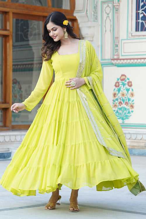 Yellow Faux Georgette Gown With Embroidered Work Dupatta