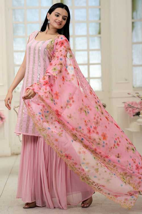 Pink Faux Blooming With Line Sequins Embroidered Work Sharara suit