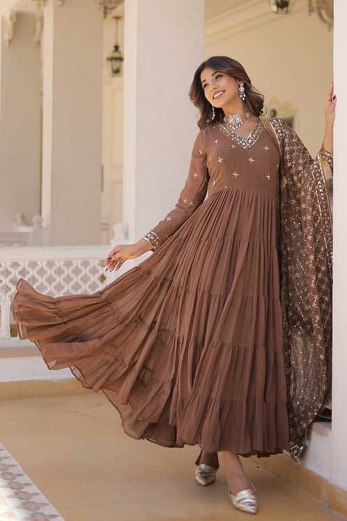 Coffee Faux Georgette With Embroidered Work Gown With Dupatta