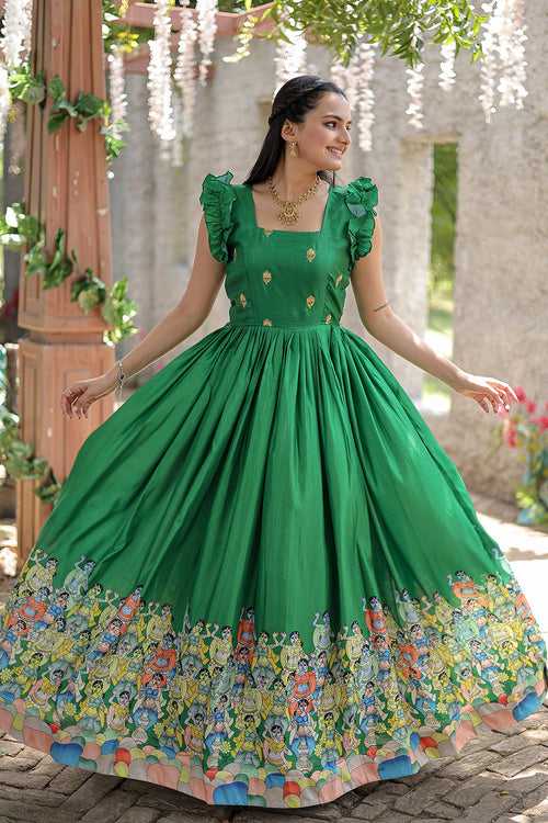 Designer Green Dola Silk With Rich Printed Gown