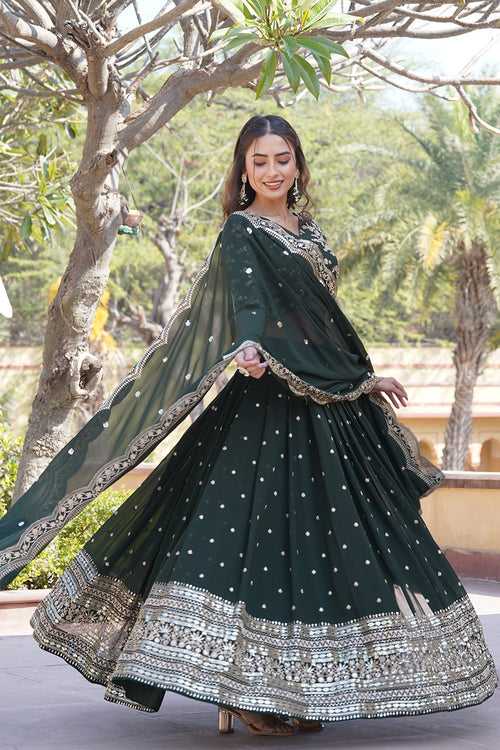 Green Faux Blooming Georgette With Sequins Embroidered Work Lehenga Choli