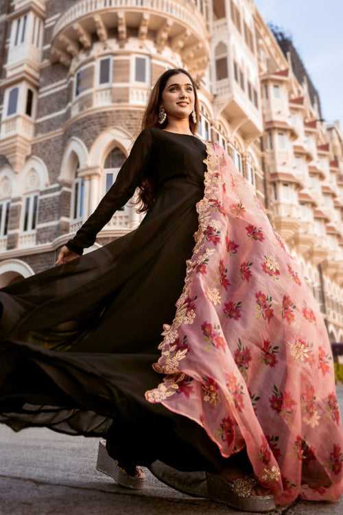 Black Faux Blooming Gown With Organza Dupatta