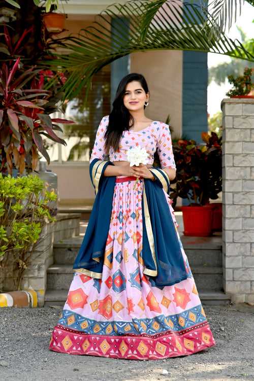 Pink Chinnon Printed Designer Lehenga Choli Set