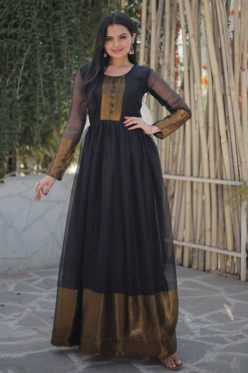 Black Chiffon Golden Zari Patta Work Gown