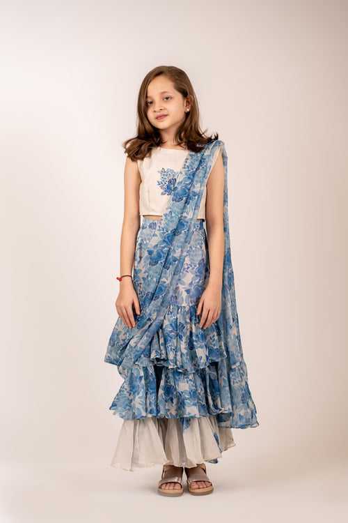 Seashell Cream Ruffle Saree Kids