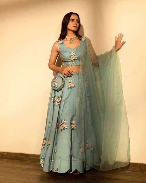 Dusty Teal Sequins Kali Lehenga Set