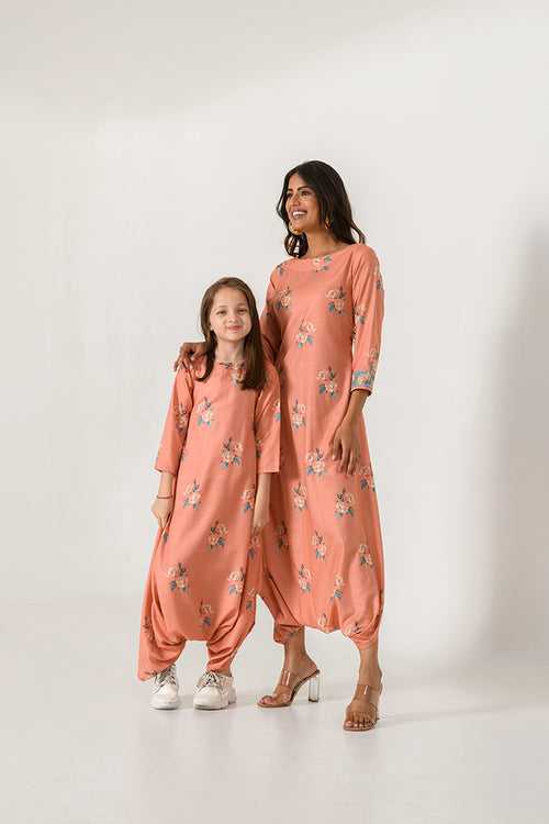 Mother Daughter Scarlet Orange Dhoti Jumpsuit