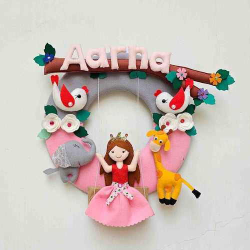 Handcrafted Personalized Jungle Theme Doll on Swing Felt Nameplate For Girls