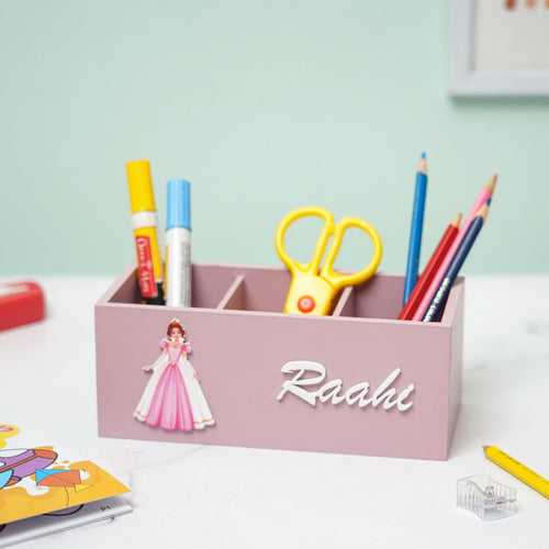 Personalized Wooden Princess Themed Stationery Organizer For Kids