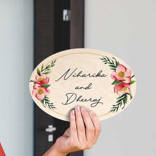 Printed Floral Wooden Oval Nameplate For Couples
