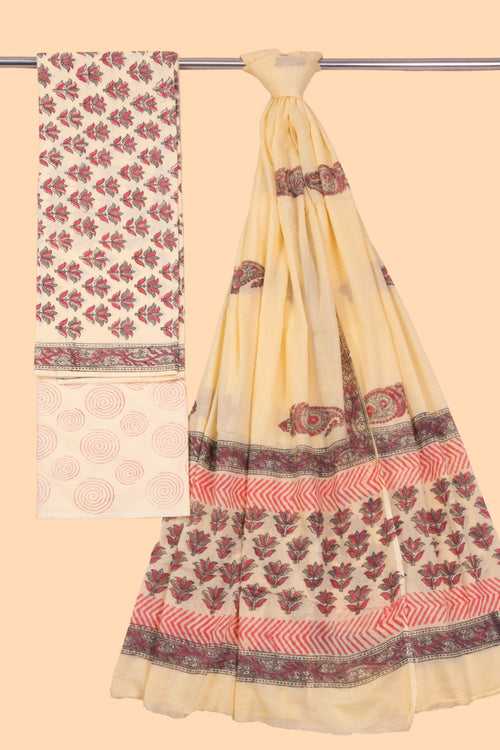 Cream 3-Piece Mulmul Cotton Salwar Suit Material 10068607