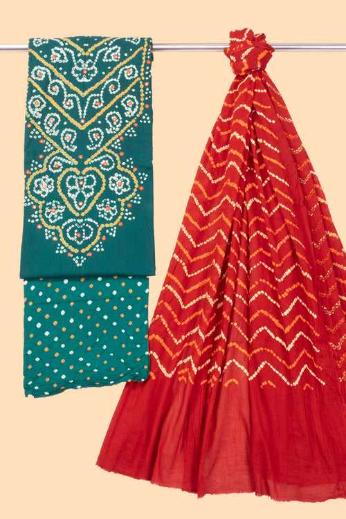 Green Bandhani Cotton 3-Piece Salwar Suit Material 10069613